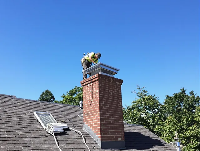 Uxbridge Chimney Sweep technician measuring a chimney cap in Uxbridge, MA