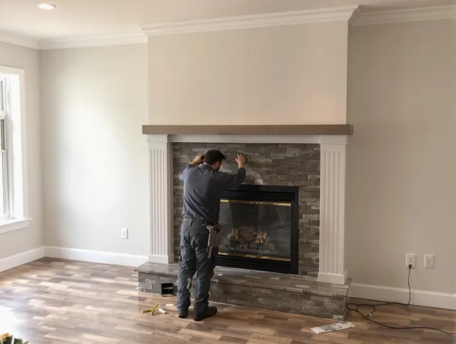 Uxbridge Chimney Sweep finishing a custom fireplace install in Uxbridge, MA